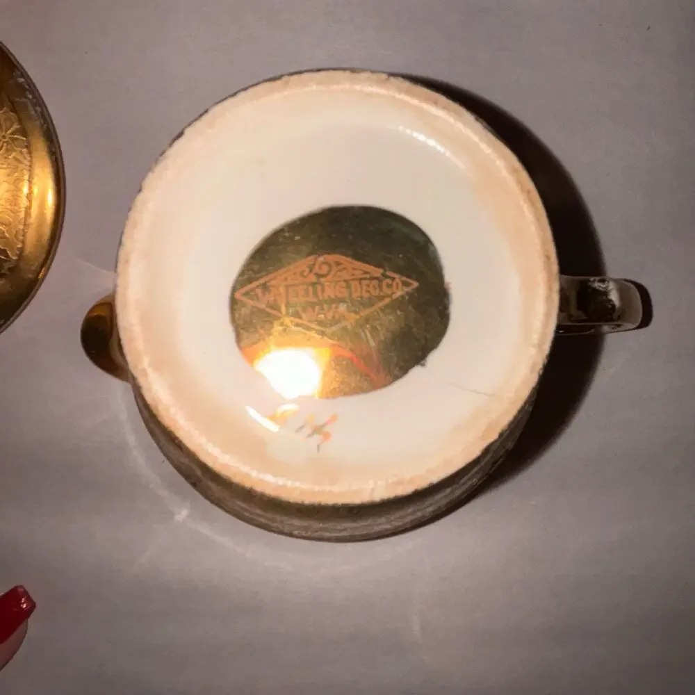 Wheeling DEC Creamer & Sugar Vintage Gold Floral Set #418 MCM